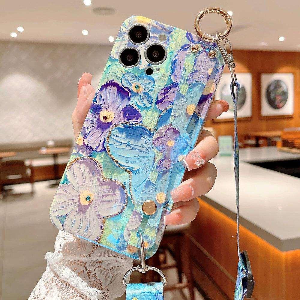 Purple Oil Painting Flower Wristband Holder with Lanyard iPhone Case - Most iPhone Case