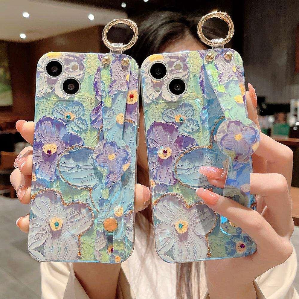 Purple Oil Painting Flower Wristband Holder with Lanyard iPhone Case - Most iPhone Case